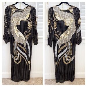 Scarlet Rage Vintage Black Gold Silver Sequin & Beaded Phoenix Bird Formal Gown